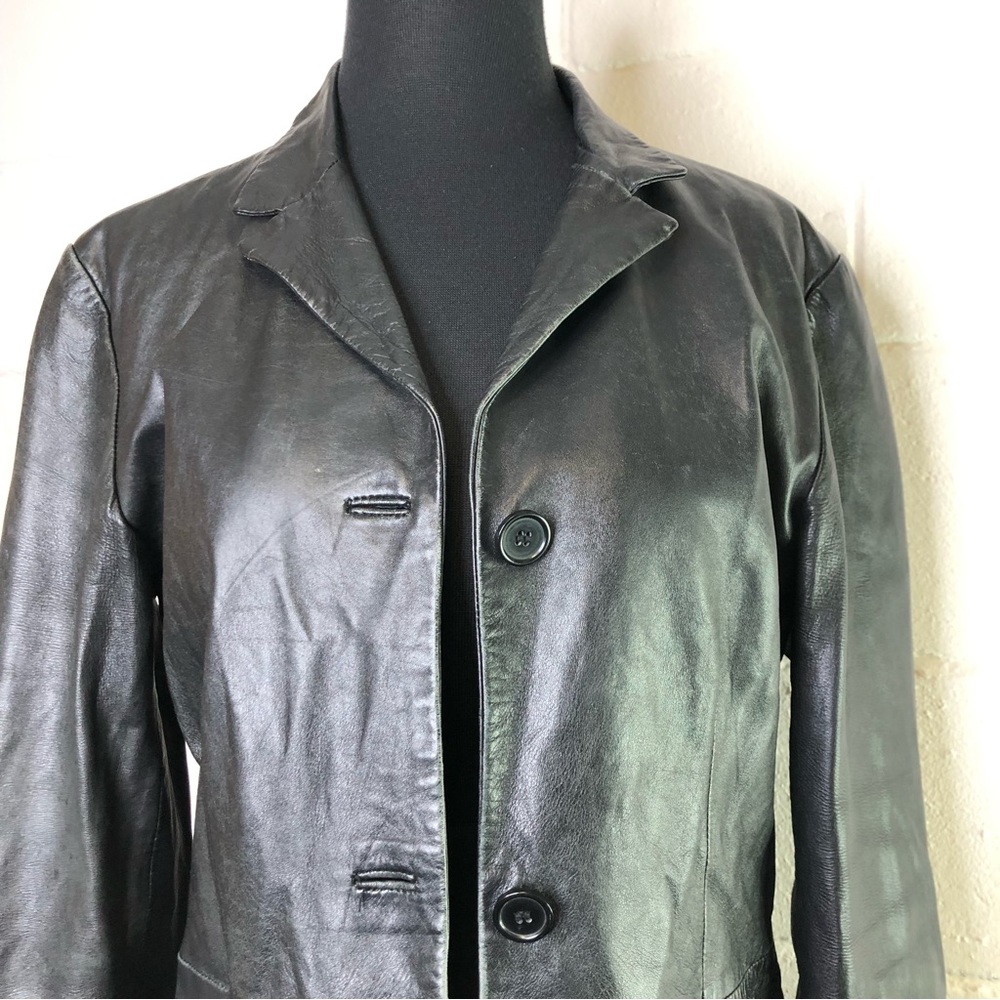 Vintage Black Leather Blazer Mob Wife 3 Button Two Pocket Front - Picture 4 of 11